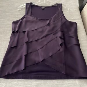 Eggplant colored layered tank top. Front layers satin type fabric with knit back